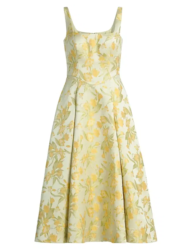 Women's Julie Floral-Jacquard Midi-Dress - Butter Yellow Mint