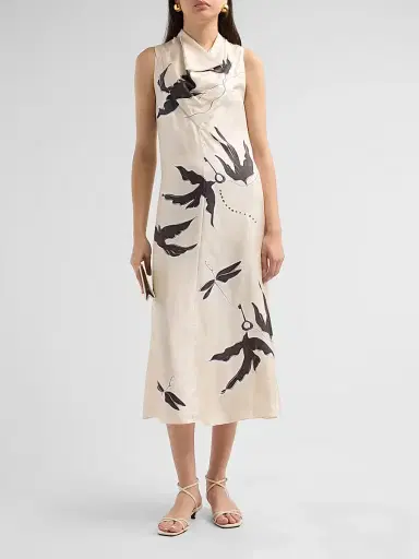 Altuzarra Women's Lucie Bird-Print Silk Midi Dress - Tapioca Bird | Thumbnail 2 Altuzarra Women's Lucie Bird-Print Silk Midi Dress - Tapioca Bird | Thumbnail 2