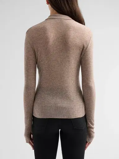 Ganni Women's Sheer Wool Ribbed Polo Sweater - Safari - Size XL | Thumbnail 3