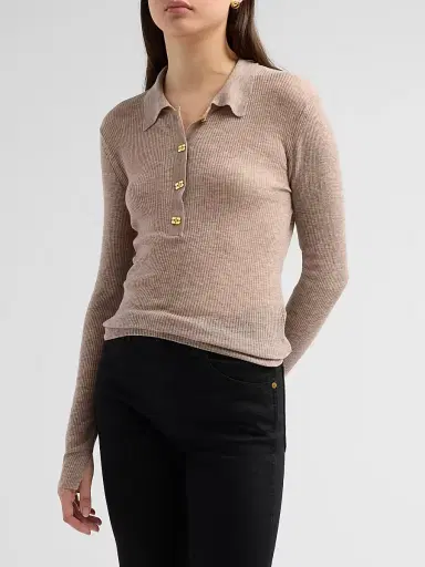 Ganni Women's Sheer Wool Ribbed Polo Sweater - Safari - Size XL | Thumbnail 4