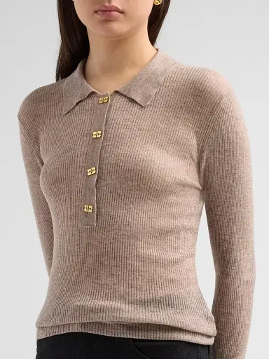 Ganni Women's Sheer Wool Ribbed Polo Sweater - Safari - Size XL | Thumbnail 5