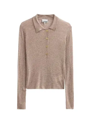 Ganni Women's Sheer Wool Ribbed Polo Sweater - Safari - Size XL | Thumbnail 1