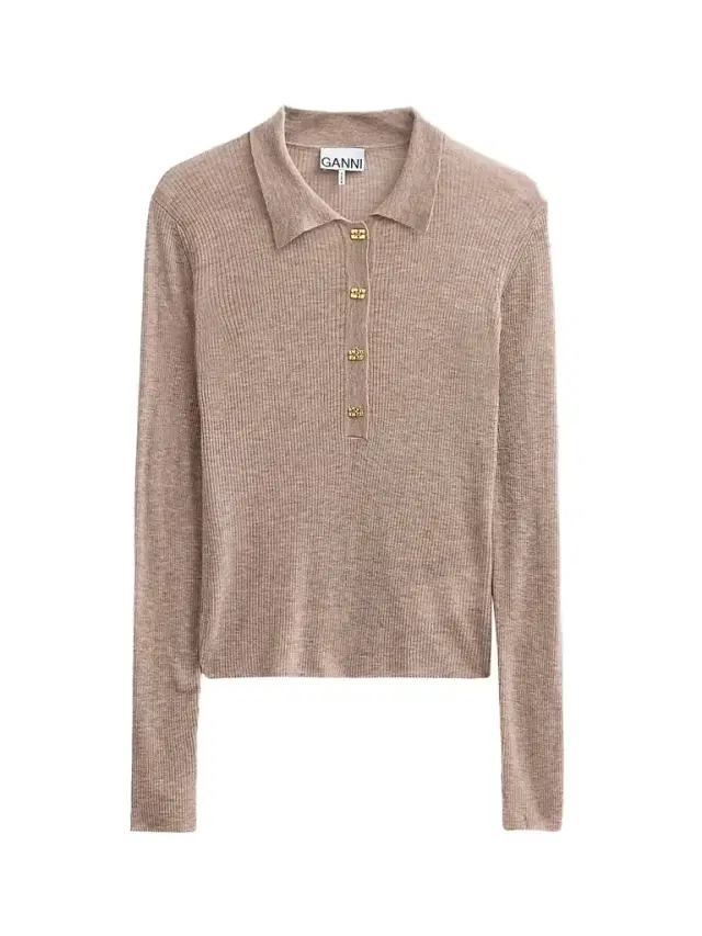 Women's Sheer Wool Ribbed Polo Sweater - Safari