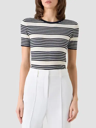 Akris punto Women's Rib-Knit Wool T-Shirt - Navy Cream - Size 16 | Thumbnail 4