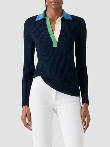 Akris punto Women's Colorblocked Rib-Knit Wool Long-Sleeve Polo Shirt - Size 14 | Thumbnail 4