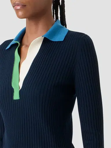 Akris punto Women's Colorblocked Rib-Knit Wool Long-Sleeve Polo Shirt - Size 14 | Thumbnail 5
