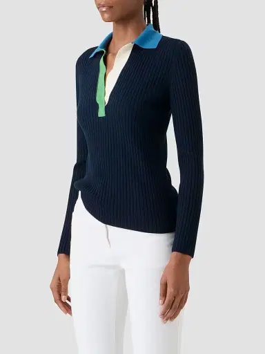 Akris punto Women's Colorblocked Rib-Knit Wool Long-Sleeve Polo Shirt - Size 14 | Thumbnail 6