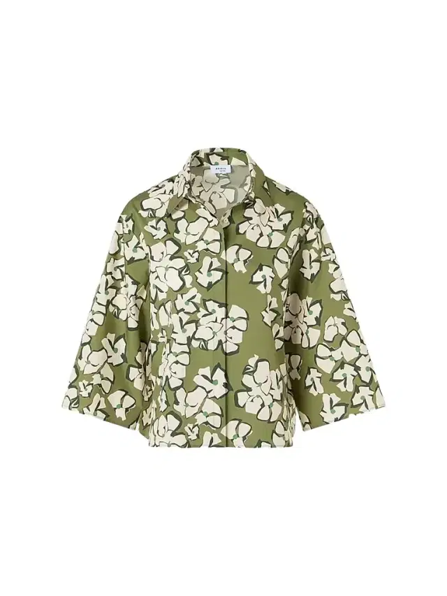 Women's Papercut Flower Print Cotton Shirt - Green Tea Cream Olive