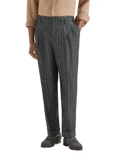 Brunello Cucinelli Men's Linen Chalk Stripe Chevron Trousers with Double Pleats - Dark Grey - Size 46 | Thumbnail 2 Brunello Cucinelli Men's Linen Chalk Stripe Chevron Trousers with Double Pleats - Dark Grey - Size 46 | Thumbnail 2