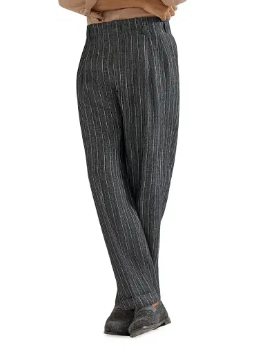 Brunello Cucinelli Men's Linen Chalk Stripe Chevron Trousers with Double Pleats - Dark Grey - Size 46 | Thumbnail 3 Brunello Cucinelli Men's Linen Chalk Stripe Chevron Trousers with Double Pleats - Dark Grey - Size 46 | Thumbnail 3