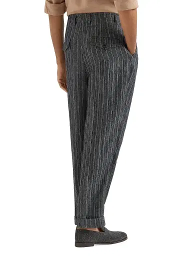 Brunello Cucinelli Men's Linen Chalk Stripe Chevron Trousers with Double Pleats - Dark Grey - Size 46 | Thumbnail 4 Brunello Cucinelli Men's Linen Chalk Stripe Chevron Trousers with Double Pleats - Dark Grey - Size 46 | Thumbnail 4