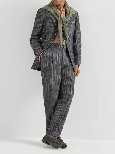 Brunello Cucinelli Men's Linen Chalk Stripe Chevron Trousers with Double Pleats - Dark Grey - Size 46 | Thumbnail 6 Brunello Cucinelli Men's Linen Chalk Stripe Chevron Trousers with Double Pleats - Dark Grey - Size 46 | Thumbnail 6