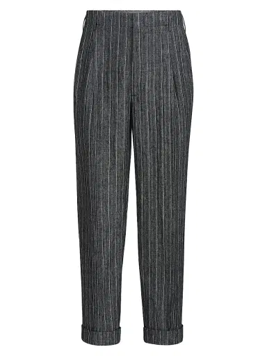 Brunello Cucinelli Men's Linen Chalk Stripe Chevron Trousers with Double Pleats - Dark Grey - Size 46 | Thumbnail 1 Brunello Cucinelli Men's Linen Chalk Stripe Chevron Trousers with Double Pleats - Dark Grey - Size 46 | Thumbnail 1