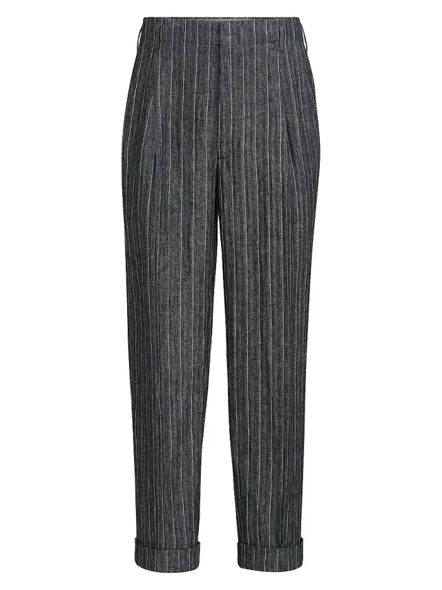 Brunello Cucinelli Men's Linen Chalk Stripe Chevron Trousers with Double Pleats - Dark Grey