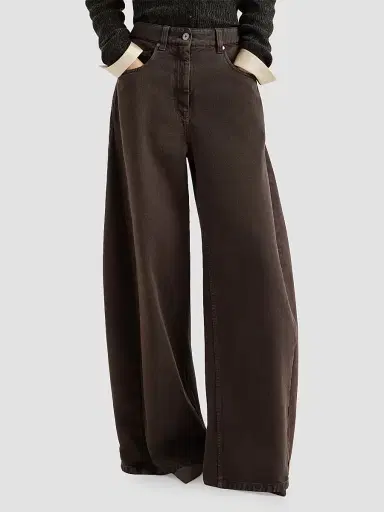 Brunello Cucinelli Women's Dyed Denim Wide Jeans with Monili - Pine Cone Brown - Size 16 | Thumbnail 2 Brunello Cucinelli Women's Dyed Denim Wide Jeans with Monili - Pine Cone Brown - Size 16 | Thumbnail 2