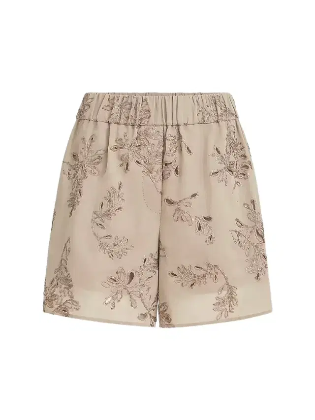 Brunello Cucinelli Women's Cotton Organza Shorts with Dazzling Broderie Anglaise - Espresso