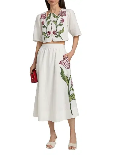 Farm Rio Women's Floral-Embroidered Linen Midi-Skirt - Off White | Thumbnail 2