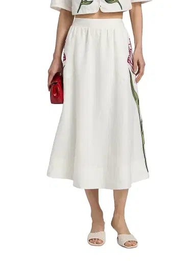 Farm Rio Women's Floral-Embroidered Linen Midi-Skirt - Off White | Thumbnail 3