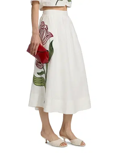 Farm Rio Women's Floral-Embroidered Linen Midi-Skirt - Off White | Thumbnail 4