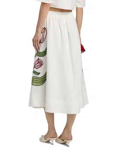 Farm Rio Women's Floral-Embroidered Linen Midi-Skirt - Off White | Thumbnail 5