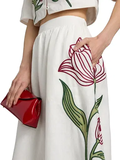 Farm Rio Women's Floral-Embroidered Linen Midi-Skirt - Off White | Thumbnail 6