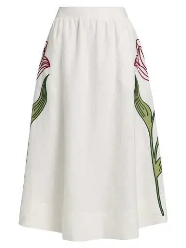 Farm Rio Women's Floral-Embroidered Linen Midi-Skirt - Off White | Thumbnail 1