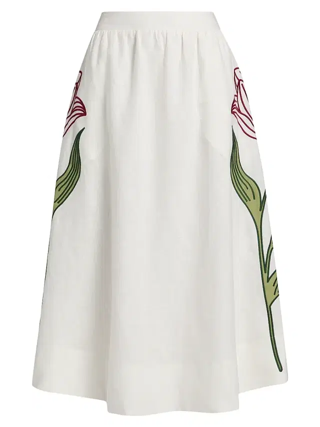 Women's Floral-Embroidered Linen Midi-Skirt - Off White
