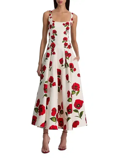 ALICE + OLIVIA Women's Adley Floral Stretch-Cotton Drop-Waist Midi-Dress - Summer Poppy | Thumbnail 2