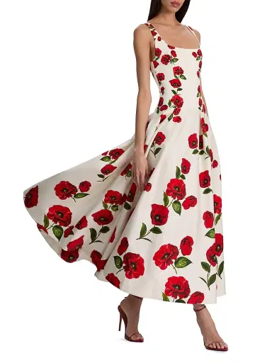 ALICE + OLIVIA Women's Adley Floral Stretch-Cotton Drop-Waist Midi-Dress - Summer Poppy | Thumbnail 3