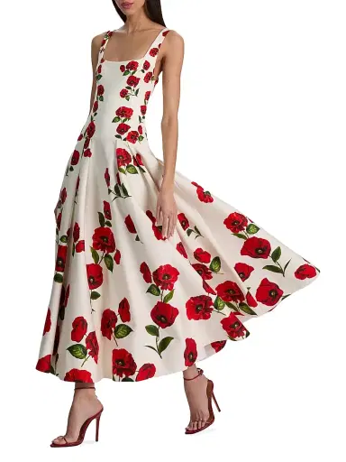 ALICE + OLIVIA Women's Adley Floral Stretch-Cotton Drop-Waist Midi-Dress - Summer Poppy | Thumbnail 4