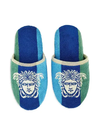 Versace Men's Medusa Jacquard Striped Jersey Slippers - Blue Multicolor - Size XL | Thumbnail 1 Versace Men's Medusa Jacquard Striped Jersey Slippers - Blue Multicolor - Size XL | Thumbnail 1