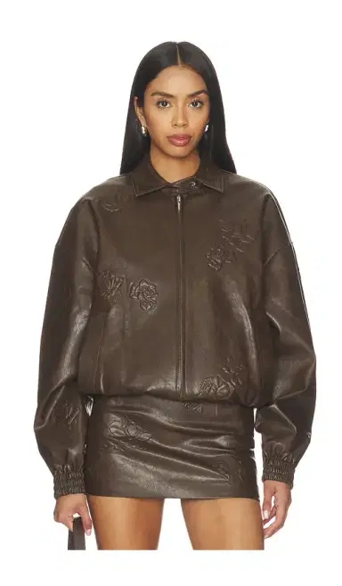 Markgong Faux Leather Floral Imprinted Baseball Jacket | Thumbnail 2