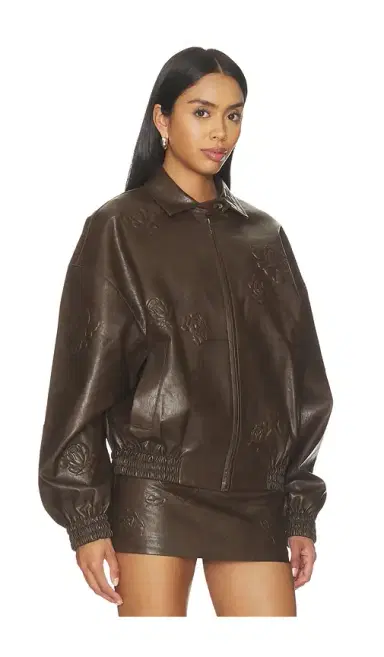 Markgong Faux Leather Floral Imprinted Baseball Jacket | Thumbnail 3