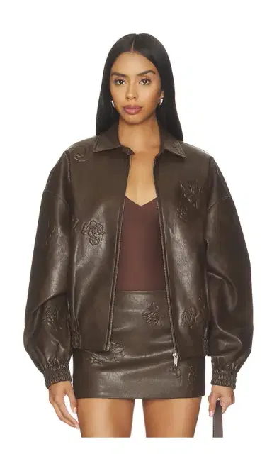 Markgong Faux Leather Floral Imprinted Baseball Jacket | Thumbnail 1