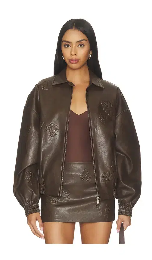Faux Leather Floral Imprinted Baseball Jacket
