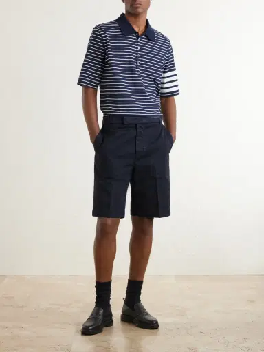Thom Browne Striped Logo-Appliqué Cotton-Blend Terry Polo Shirt - Men | Thumbnail 2 Thom Browne Striped Logo-Appliqué Cotton-Blend Terry Polo Shirt - Men | Thumbnail 2