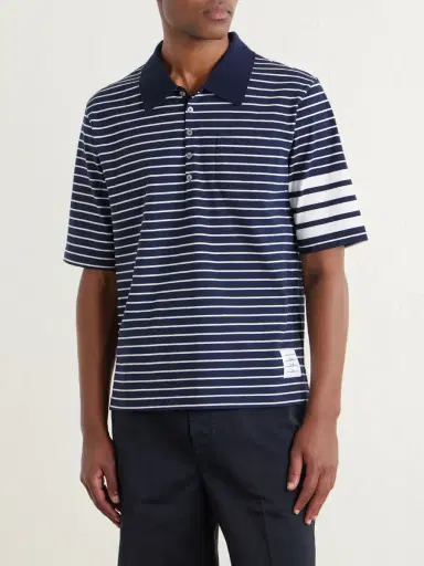 Thom Browne Striped Logo-Appliqué Cotton-Blend Terry Polo Shirt - Men | Thumbnail 3 Thom Browne Striped Logo-Appliqué Cotton-Blend Terry Polo Shirt - Men | Thumbnail 3