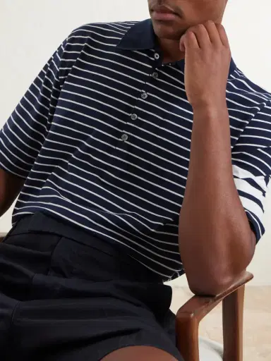 Thom Browne Striped Logo-Appliqué Cotton-Blend Terry Polo Shirt - Men | Thumbnail 5 Thom Browne Striped Logo-Appliqué Cotton-Blend Terry Polo Shirt - Men | Thumbnail 5