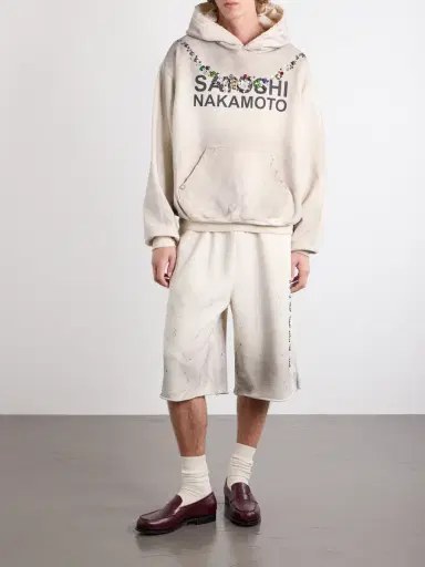 Satoshi Nakamoto Necklace Logo-Print Embellished Distressed Cotton-Jersey Hoodie - Men | Thumbnail 2 Satoshi Nakamoto Necklace Logo-Print Embellished Distressed Cotton-Jersey Hoodie - Men | Thumbnail 2