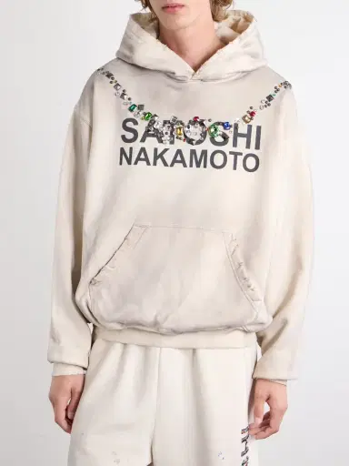 Satoshi Nakamoto Necklace Logo-Print Embellished Distressed Cotton-Jersey Hoodie - Men | Thumbnail 3 Satoshi Nakamoto Necklace Logo-Print Embellished Distressed Cotton-Jersey Hoodie - Men | Thumbnail 3