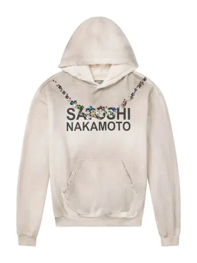Satoshi Nakamoto Necklace Logo-Print Embellished Distressed Cotton-Jersey Hoodie - Men | Thumbnail 1 Satoshi Nakamoto Necklace Logo-Print Embellished Distressed Cotton-Jersey Hoodie - Men | Thumbnail 1