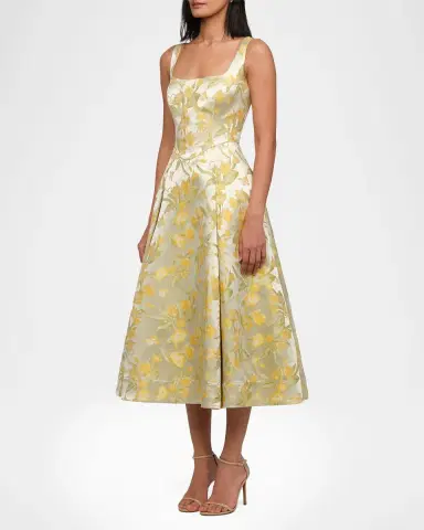 THEIA Julie Basque-Waist Pleated Jacquard Midi Dress | Thumbnail 3 THEIA Julie Basque-Waist Pleated Jacquard Midi Dress | Thumbnail 3