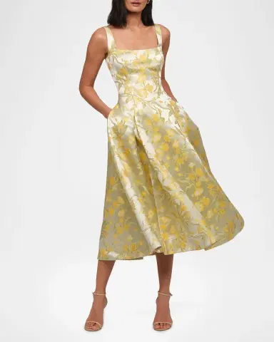 THEIA Julie Basque-Waist Pleated Jacquard Midi Dress | Thumbnail 5 THEIA Julie Basque-Waist Pleated Jacquard Midi Dress | Thumbnail 5