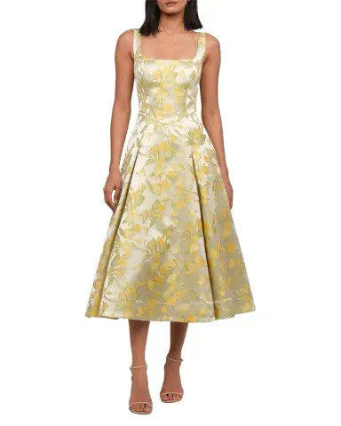 THEIA Julie Basque-Waist Pleated Jacquard Midi Dress | Thumbnail 1 THEIA Julie Basque-Waist Pleated Jacquard Midi Dress | Thumbnail 1
