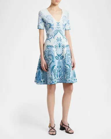 Etro Leafy Paisley Jacquard Short-Sleeve A-Line Dress | Thumbnail 3