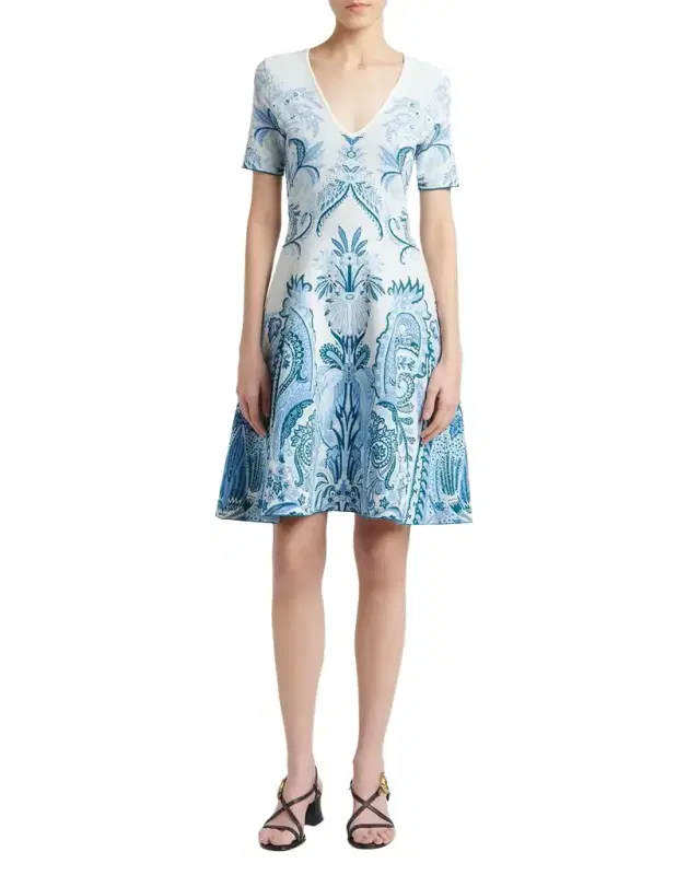 Leafy Paisley Jacquard Short-Sleeve A-Line Dress