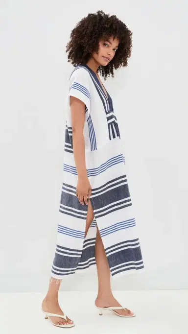 Lemlem Gasira V Neck Coverup Caftan Marina Blue M | Thumbnail 4 Lemlem Gasira V Neck Coverup Caftan Marina Blue M | Thumbnail 4