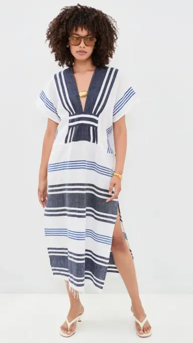 Lemlem Gasira V Neck Coverup Caftan Marina Blue M | Thumbnail 5 Lemlem Gasira V Neck Coverup Caftan Marina Blue M | Thumbnail 5