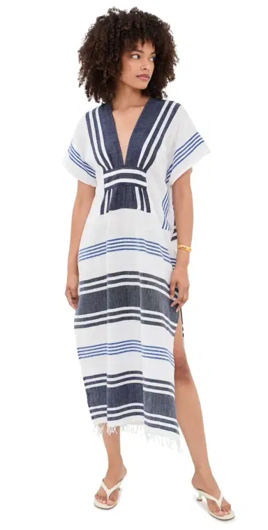 Lemlem Gasira V Neck Coverup Caftan Marina Blue M | Thumbnail 1 Lemlem Gasira V Neck Coverup Caftan Marina Blue M | Thumbnail 1