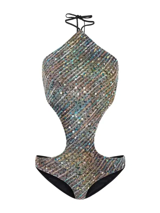 Missoni Cut-out Sequin-embellished Striped Metallic Cotton-blend Halterneck Swimsuit